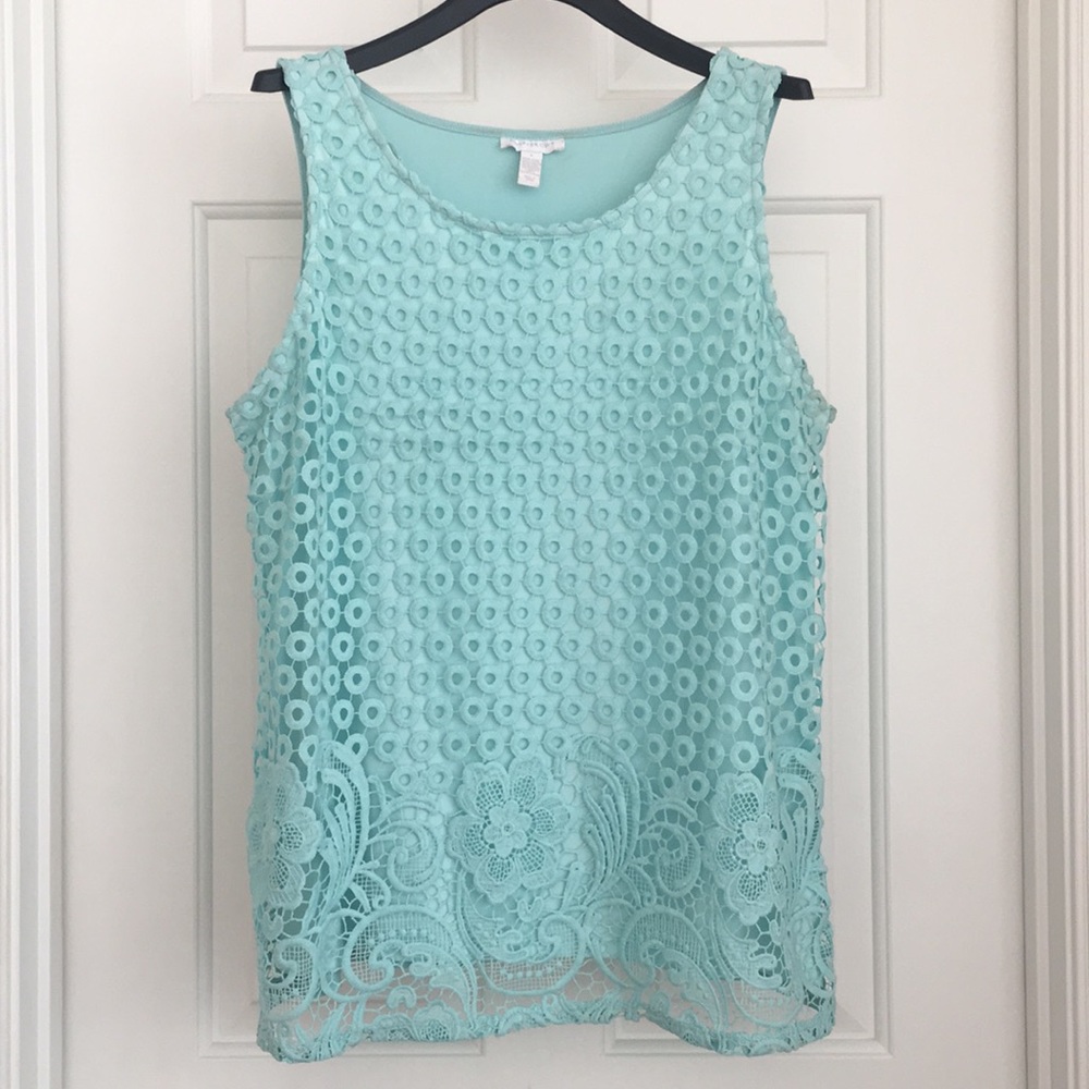 Charter Club Women's Top Large Lace Aqua Green Sleeveless Blouse Front Lining